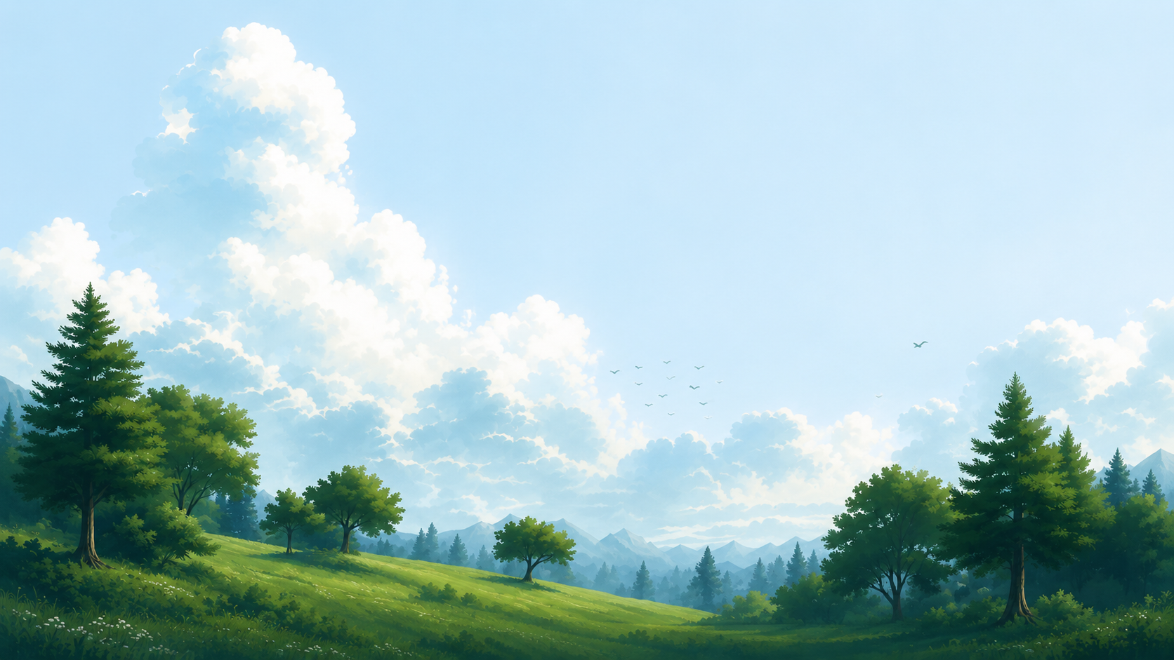 A quiet green meadow under soft clouds, with distant blue mountains